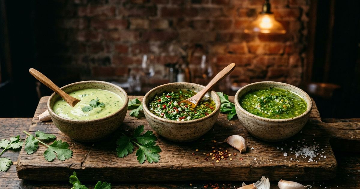 Several green herb sauces in bowls on a wooden board with an exposed brick wall background