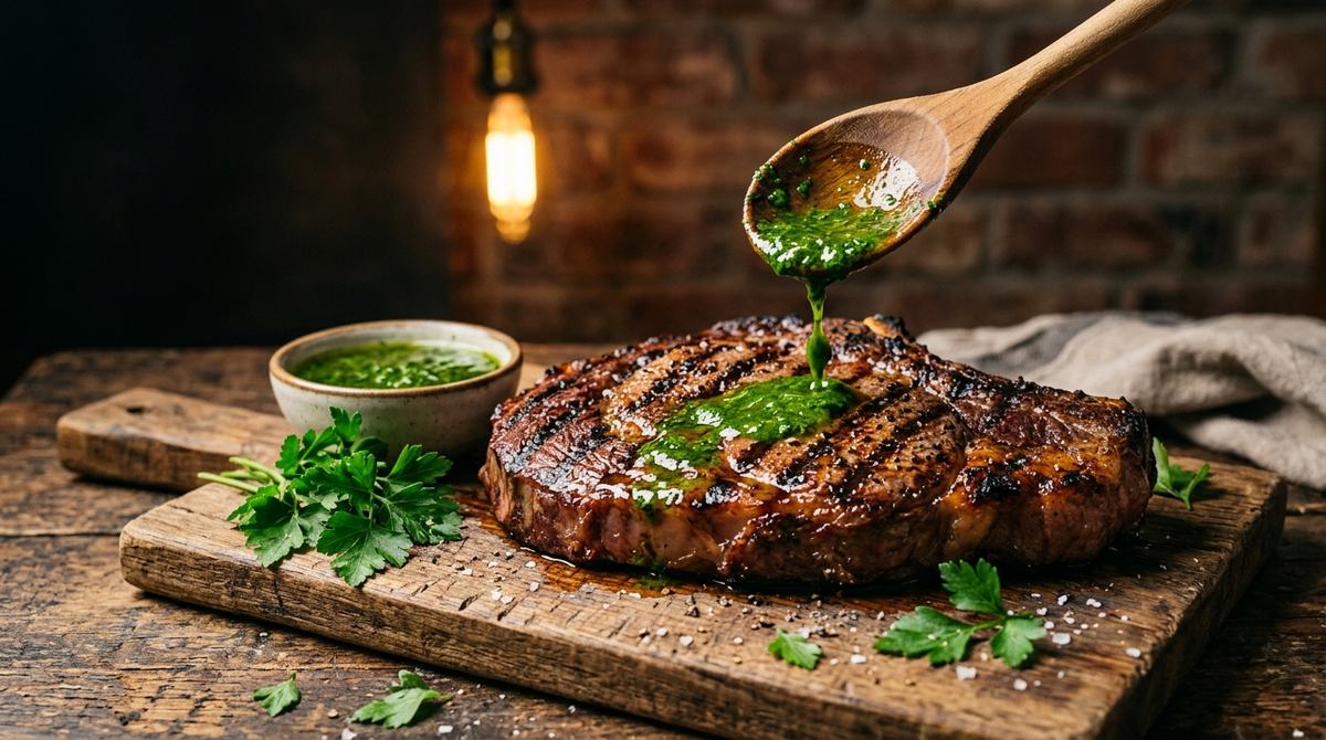 Herb green sauce spooned over a juicy freshly grilled cut of meat