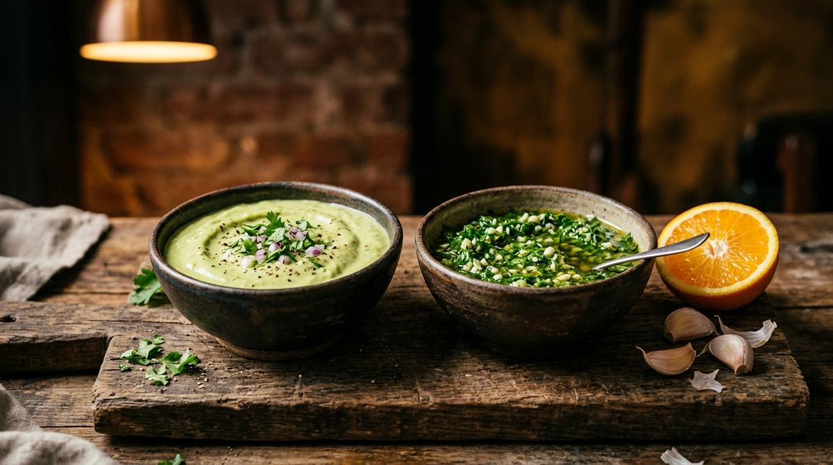 Venezuelan guasacaca, Dominican wasakaka and other green sauces in bowls on a wooden board